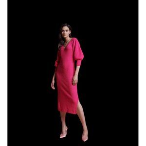 Rachel Parcell Pink Rouge ribbed knit sweater dress sz XS Vneck bubble sleeve